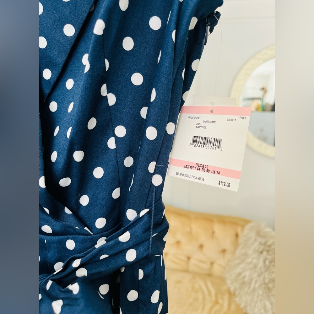 Anne Klein Cotton Dress Navy Blue Polka Dot Belted Fit & Flare Cadet Combo NWT - Picture 8 of 12